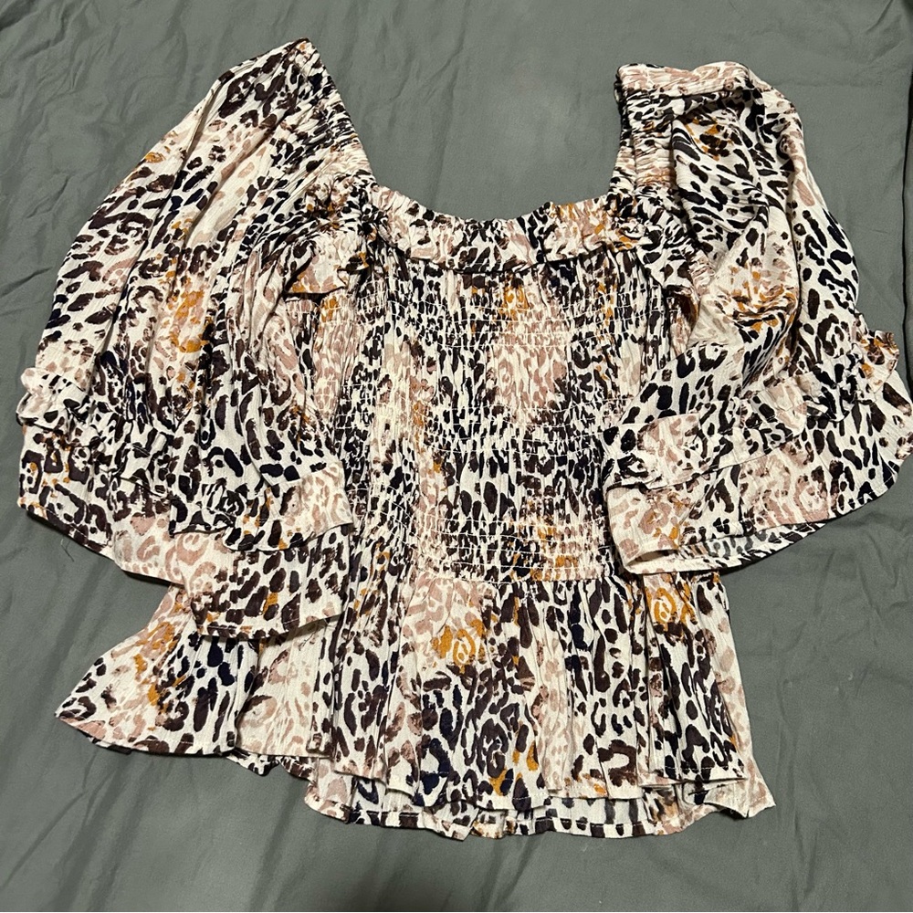 Nostalgia Smocked Square Neck Animal Print Blouse size L